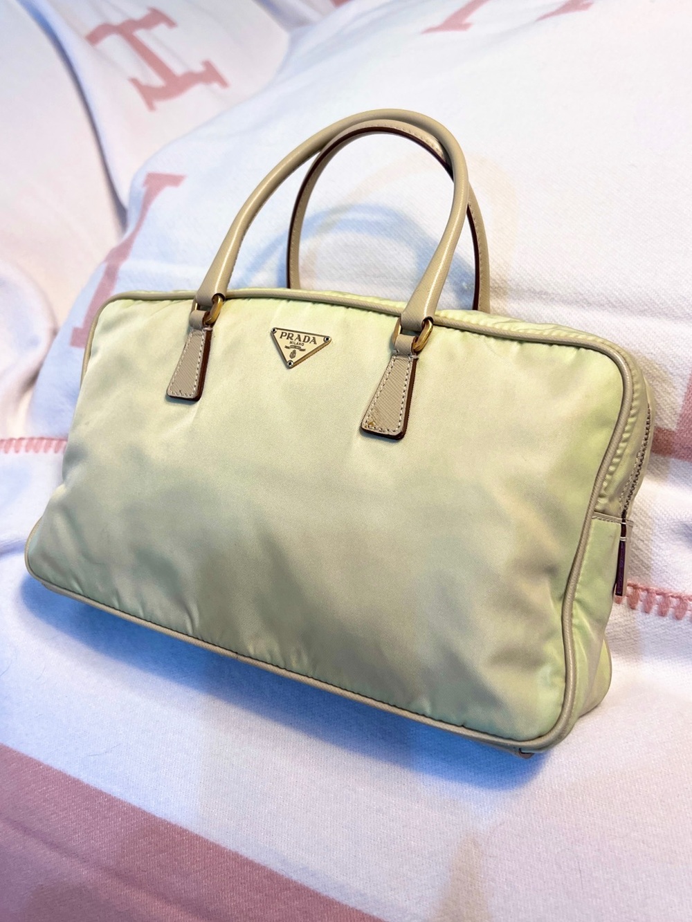 Prada⭐️Authentic Pale Yellow Nylon Top-Handle Gold hardware Hobo Bag - Picture 2 of 12